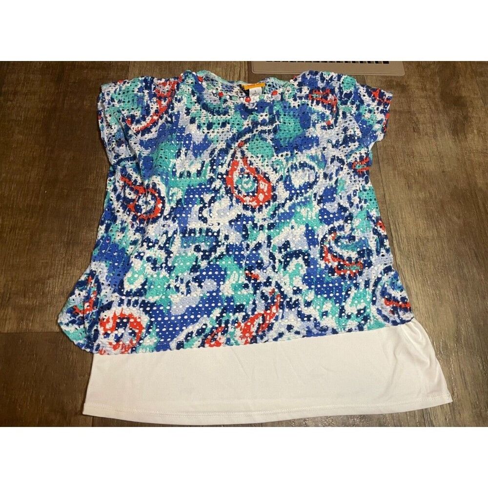 Ruby Rd Top Womens Large L Blue Beaded Short Sleeve Lined
